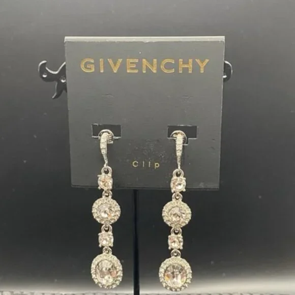 NWT Givenchy Clip Earrings Crystal Halo Set 2.5" Drop Silver Tone Bridal Pageant - Picture 1 of 7